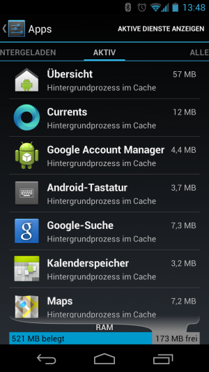 Abbildung 7: Einmal aufgerufene, aber nun mehr ungenutzt Apps landen im Cache des Speichers.
