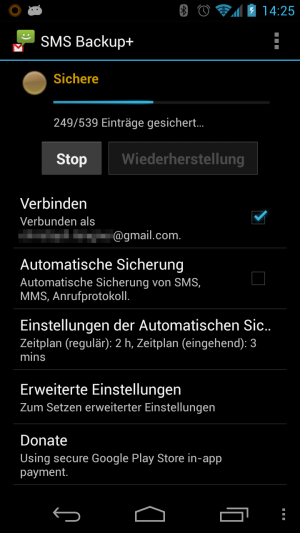 Abbildung 3: Mit SMS Backup+ sichern Sie sämtliche SMS und MMS in Ihrem Gmail-Account.
