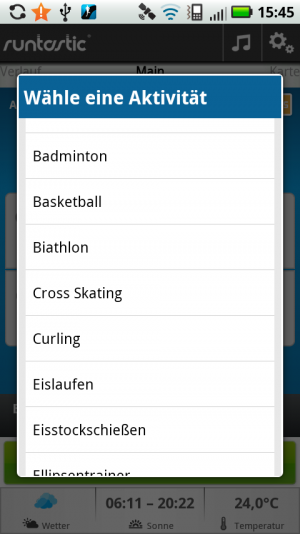 Abbildung 8: In der App lassen sich verschiedene Sportarten einstellen, um die Auswertung zu vereinfachen.