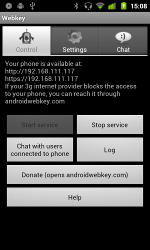 Abbildung 8: Webkey startet einen Dienst auf dem Handy, über den Sie das Gerät steuern können.