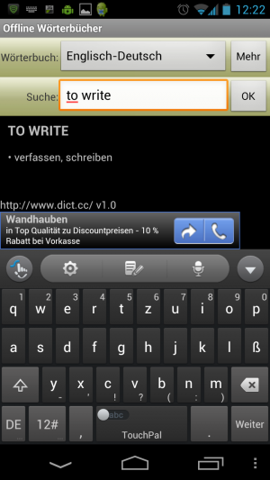 Abbildung 7: Offline Wörterbücher: Suche nach dem Verb to write. Bei write meldet die App keinen Treffer.