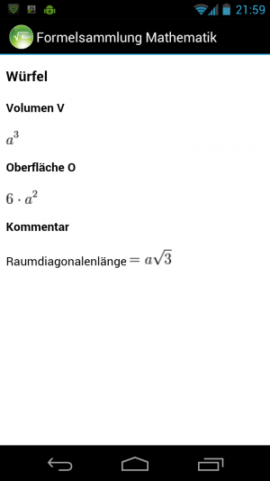 Abbildung 13: Abb. 13: Formel zum Volumen eines Würfels in der App Formelsammlung Mathematik.