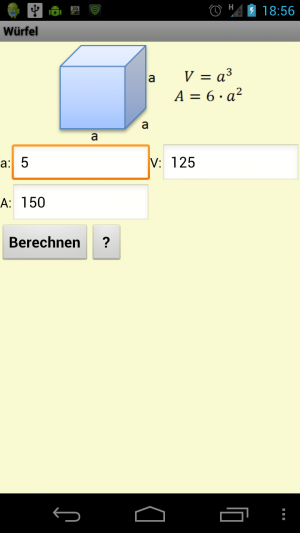 Abbildung 14: Mathe Experte rechnet das Volumen des Würfels mit der Seitenlänge 5 m aus.
