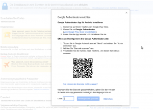 Hier müssen Sie den angezeigten Barcode mit der Google Authenticator App scannen.