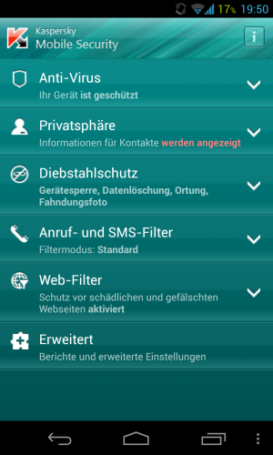 Abbildung 1: Die typisch Kaspersky-grüne Oberfläche ist in sechs Punkte unterteilt.