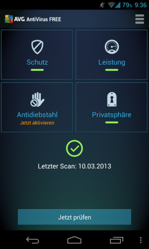 Abbildung 11: Die AVG-App bietet gleich nach dem Start einen Überblick über die aktuelle Sicherheitslage.