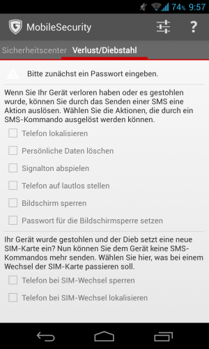 Abbildung 14: Die eingebauten Diebstahlfunktionen sind sehr umfangreich und einfach zu bedienen.