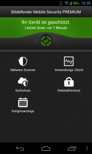 Abbildung 15: Die Bitdefender-App bietet direkt auf der Startseite alle wichtigen Features.
