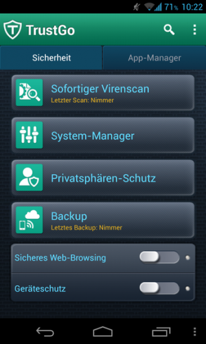 Abbildung 17: Die Oberfläche der TrustGo-App sieht etwas spartanisch aus und reagiert auch etwas träge.