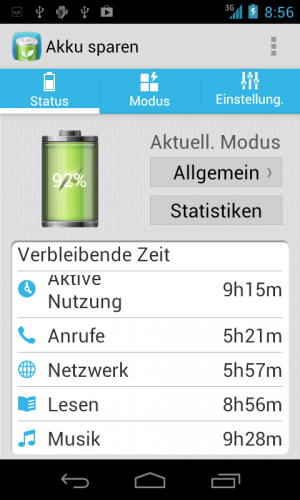 Abbildung 4: Mit der Extra-App "Akku sparen" verlängern Sie die Betriebszeit durch voreingestellte Modi.
