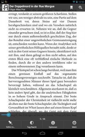 Abbildung 2: Im Menü unten können Sie zu einer bestimmten Seite springen, zwischen Tag- und Nachtmodus wechseln und die Schriftgröße und Displayhelligkeit festlegen.