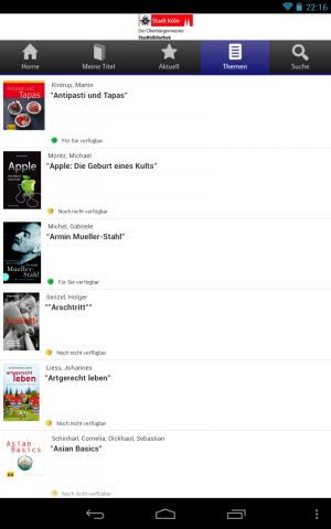 Abbildung 3: Wählen Sie ein Buch aus, um die Kurzbeschreibung zu lesen. Die Bücher mit dem grünen Punkt sind vorrätig, die anderen derzeit nicht verfügbar.