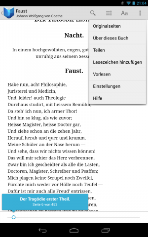 Abbildung 7: Google Play Books beinhaltet sogar einen Vorlesemodus, sowie zahlreiche weitere Einstellungsmöglichkeiten.