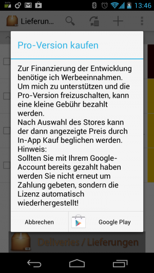 Für 99 Cent kaufen Sie aus der App heraus die Pro-Version von Lieferungen.