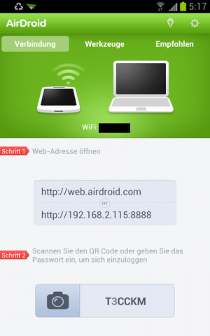 Abbildung 4: AirDroid generiert ein Zufallspasswort für die Verbindung zum Rechner.