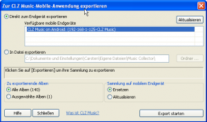 Abbildung 4: Der Export der Sammlung zur CLZ Music App erfolgt entweder per WLAN oder über eine Exportdatei.