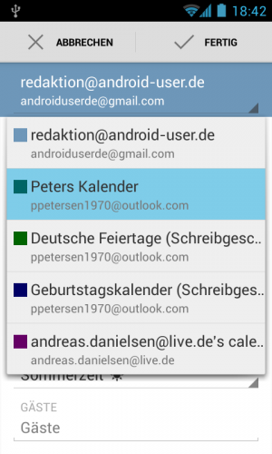 Abbildung 7: Bei Terminen wählen Sie zwischen den Google- und den Microsoft-Konten als Speicherort.