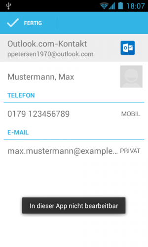 Abbildung 8: Microsoft-Kontakte lassen sich jedoch dagegen nicht über Android bearbeiten.