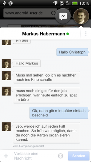 Abbildung 8: Der Chat legt sich über die aktive App und verschwindet nach dem Antworten.
