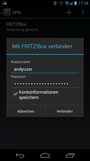Abbildung 8: Beim Verbindungsaufbau geben Sie abschließend noch die Zugangsdaten zu Ihrem VPN ein.
