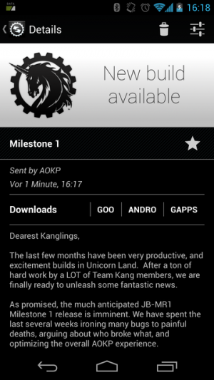 Abbildung 4: AOKPush informiert Sie über Neuerungen bei AOKP und installiert auch gleich die aktuellen Builds.