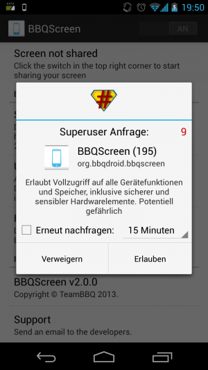 Abbildung 4: Damit BBQScreen auf den Grafispeicher zugreifen kann, braucht die App Root-Rechte.