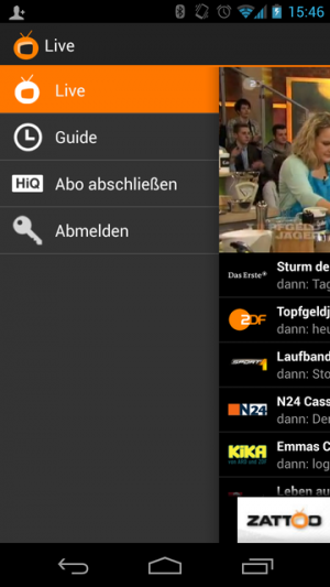 Eine Seitenleiste erleichtert die Navigation in der neuen Zattoo-App.