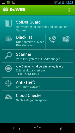 Das Hauptmenü der App mit den einzelnen Menüpunkten. Die Einstellungen finden Sie oben rechts.