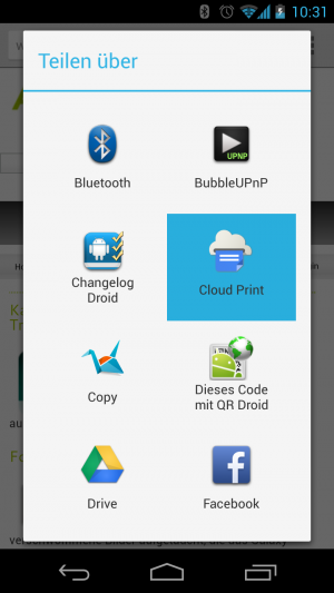 Die neue Printer-App erscheint als möglicher Empfänger für zu druckende Inhalte.