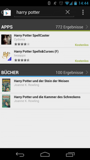 Abbildung 2: Die Suche von Google Play listet die Apps und Bücher getrennt auf.