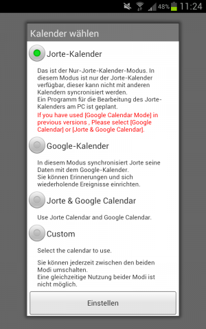 Abbildung 10: Ob lokale Kalender oder Google-Kalender genutzt werden sollen, lässt sich gleich nach der Installation von Jorte definieren.