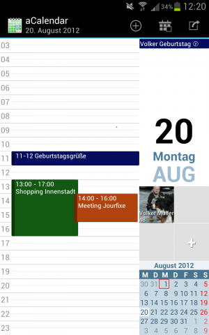 Abbildung 12: Die kompakte Tagesansicht von aCalendar präsentiert auch die Fotos von Geburtstagskindern.