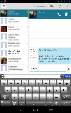 Abbildung 7: Mit Mighty Text haben Sie auf dem Tablet Zugriff auf Ihre Kontakte und SMS und können sogar hier Nachrichten versenden.
