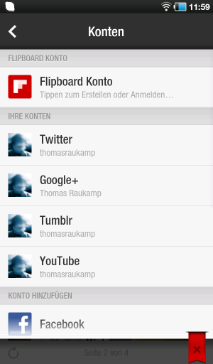 Abbildung 6: Anschlussfreudig: Flipboard bindet die verschiedensten sozialen Online-Netzwerke ein.