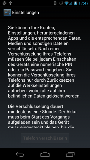 Abbildung 6: Seit Android 3.0 Honeycomb können Sie die Daten auf Ihrem Androiden vollständig verschlüsseln.