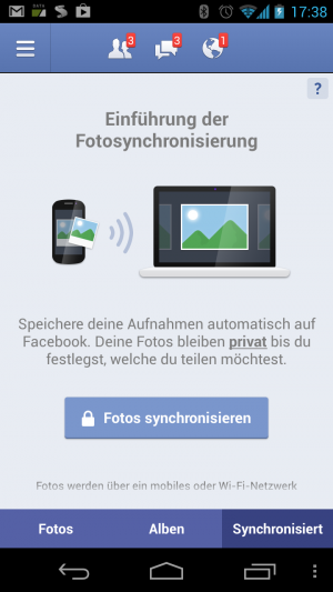 Abbildung 10: Facebook lädt bei aktivierer Foto-Synchronisierung alle Bilder auch über UMTS ins Netz.