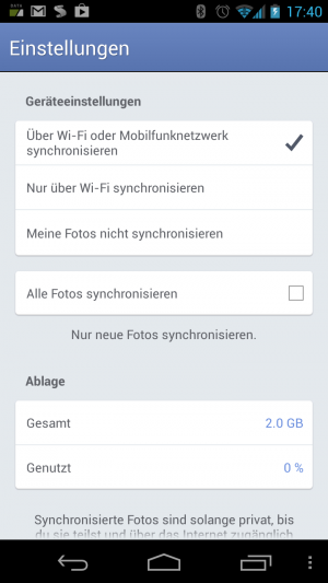 Abbildung 12: In der Grundeinstellung sollte der Upload jedoch nur über die WLAN-Verbindung aktiv sein.