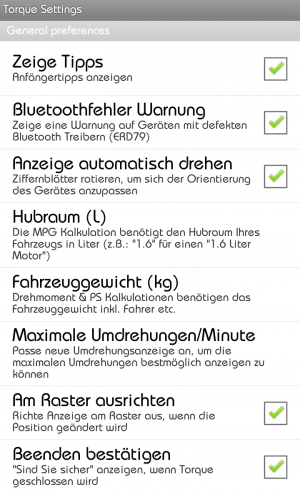 Abbildung 3: Ein deutschsprachiges Menü erleichtert die Einstellung der rund dreißig Grundeinstellungen in der App. Es sind weitere Aktionen, wie das Auslesen und Löschen des Fehlerspeicher und Kalibrierfunktionen zur Verfügung.