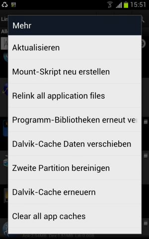 Abbildung 4: Link2SD bietet auch noch ein paar Zusatzfeatures an, wie beispielsweise das Leeren der Caches.