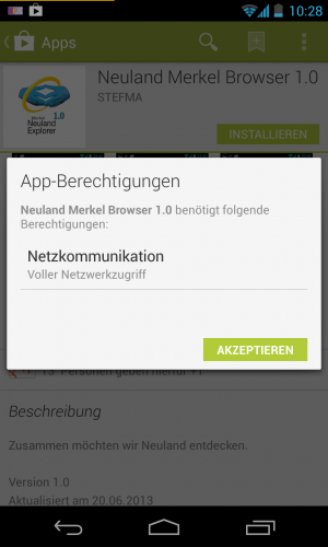 Der neue Browser möchte lediglich kompletten Zugriff auf das Neuland als Berechtigung.