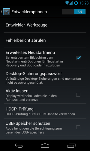 Abbildung 5: Die Entwickler-Optionen mit dem erweitertem Neustart-Menu von CM 10.1.