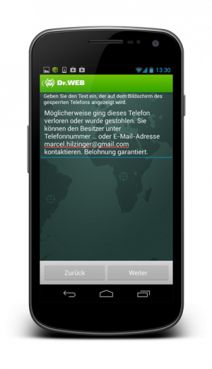 Abbildung 2: Beim Sperren des Handys zeigt die App einen Hinweis an, damit ein ehrlicher Finder das Handy zurückgeben kann.
