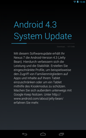 Abbildung 14: Die meisten Nexus-Geräte bekommen automatisch das Update auf Android 4.3 angeboten.