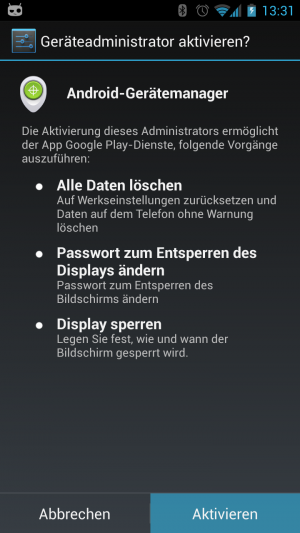 Abbildung 11: Der Android-Gerätemanagers muss von Ihnen als Geräteadministrator aktiviert werden.