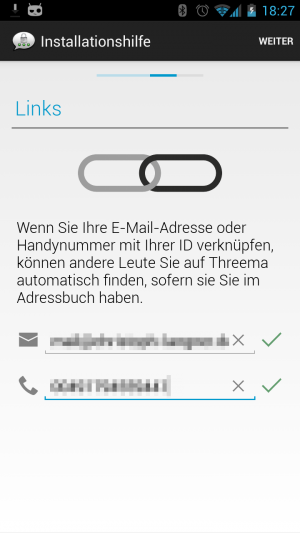Abbildung 2: Auf Ihren Wunsch hin verknüpft Threema die ID mit Ihrer Mail-Adresse oder Handynummer.