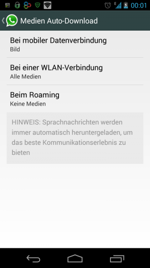 Abbildung 10: Prüfen Sie in den Einstellungen, dass der Medien Auto-Download bei Roaming unterbleibt.