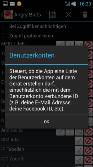 Abbildung 8: PDroid blendet bei einem Tipp auf den Namen eine Erklärung zum jeweiligen Recht ein.