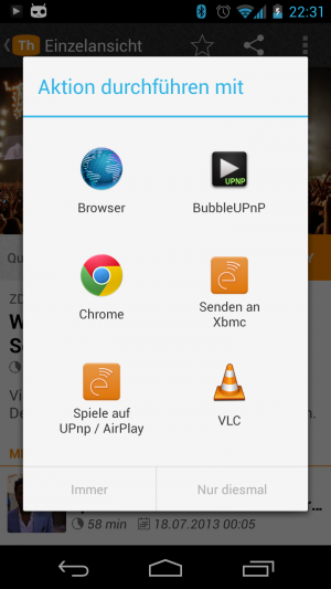 Abbildung 13: BubbleUPnP und Yatse erscheinen im Teilen-Menü beim öffnen von Videostreams.