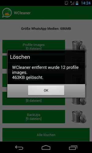 Abbildung 3: WCleaner räumt von WhatsApp belegten Speicher frei indem Chats und Bilder gelöscht werden.