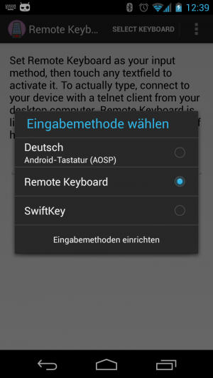 Abbildung 4: Aktivieren Sie das Remote Keyboard als aktuell gültige Eingabemethode.